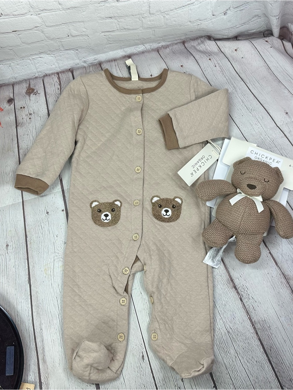 chick pea Beige Quilted Baby One-Piece with Bear Appliqués